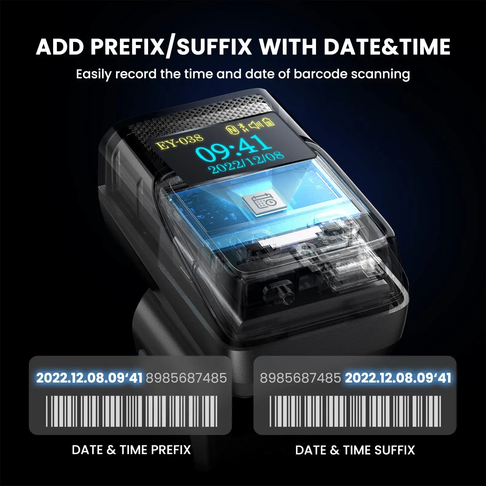 Eyoyo EY-038 Ring Barcode Scanner with Screen.1D Laser/2D Mini Wearable Bluetooth Finger QR Code Reader.Support Screen Scanning