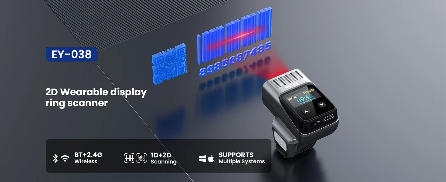 Eyoyo EY-038 Ring Barcode Scanner with Screen.1D Laser/2D Mini Wearable Bluetooth Finger QR Code Reader.Support Screen Scanning