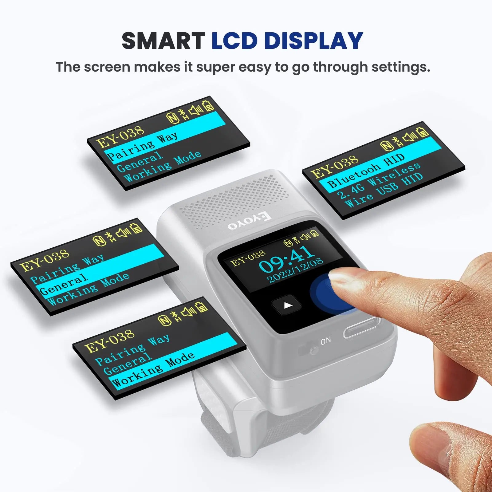 Eyoyo EY-038 Ring Barcode Scanner with Screen.1D Laser/2D Mini Wearable Bluetooth Finger QR Code Reader.Support Screen Scanning